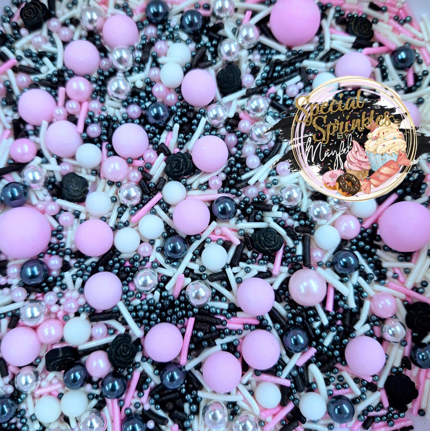 Sprinkles negro,rosa, blanco con rosas negras