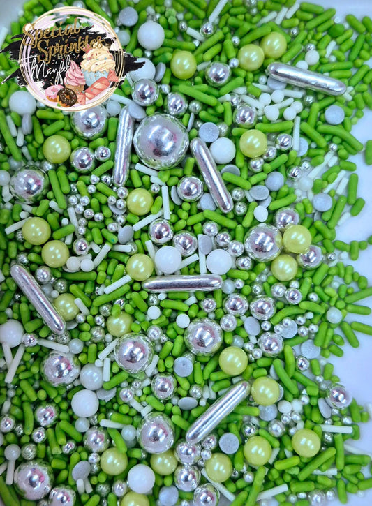 Sprinkles verde,blanco y plata