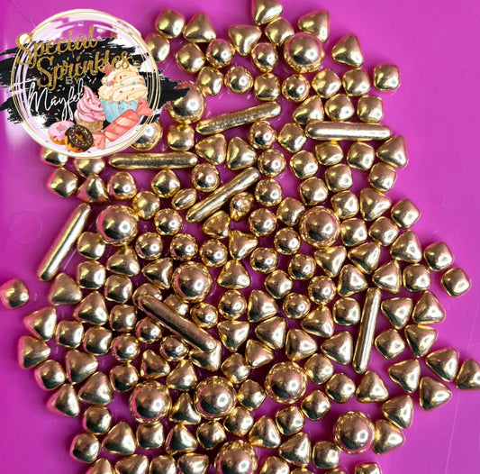Perlas metálicas , triángulos,cuadrados y rods oro