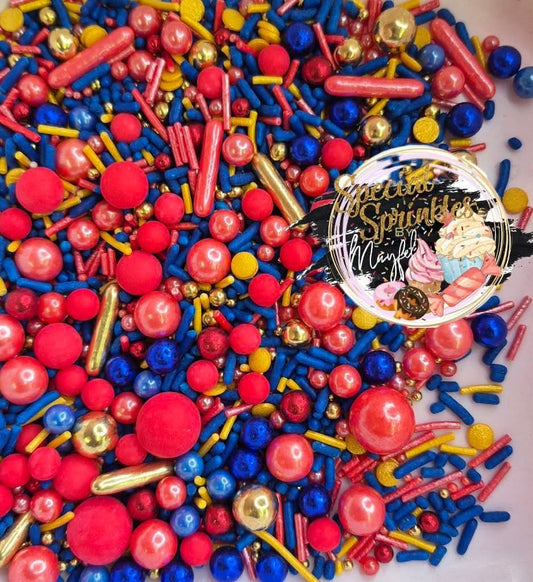 Sprinkles rojo,azul royal y oro