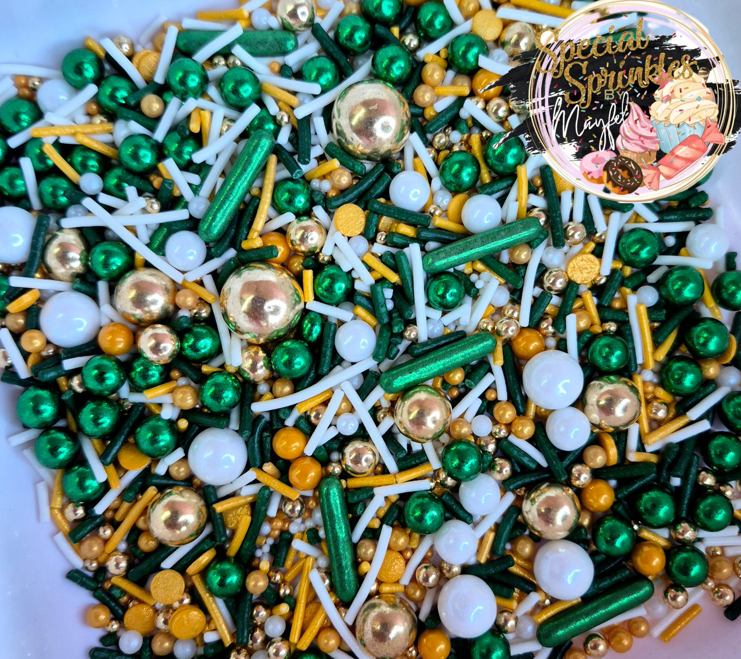 Sprinkles verde esmeralda, blanco y oro
