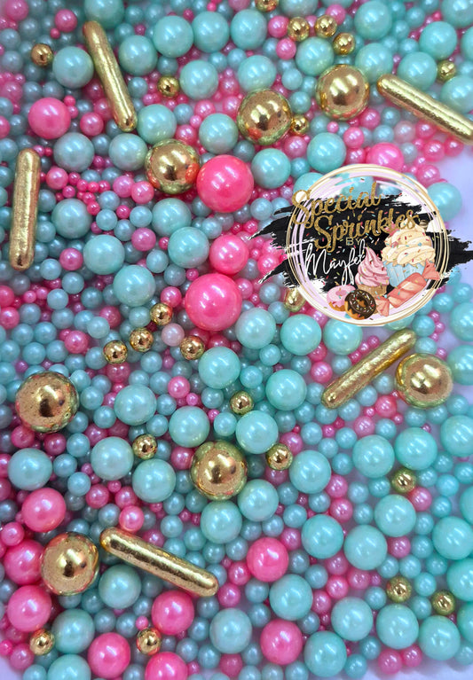 Perlas menta,hot pink y oro