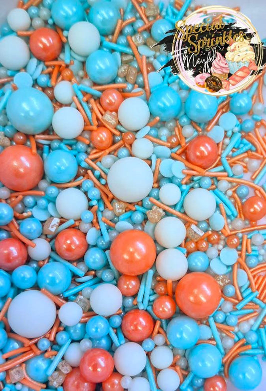 Sprinkles azul claro,naranja y blanco