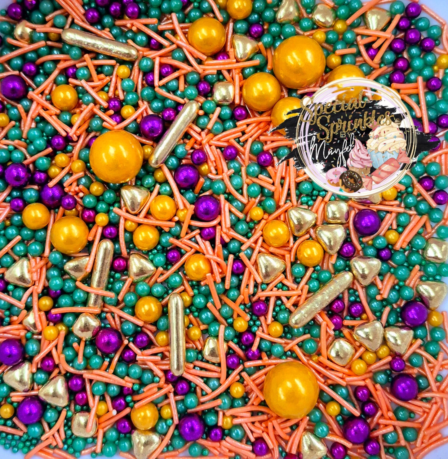 Sprinkles naranja,violeta,verde y oro