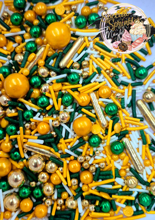 Sprinkles verde esmeralda, blanco y oro